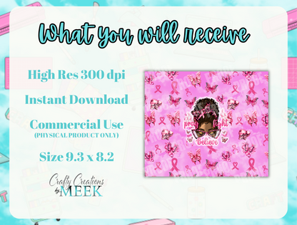 Breast Cancer Awareness Tumbler Wrap | African American Woman Sublimation Design | 20 oz Tumbler PNG | Pink Ribbon | Breast Cancer Sublimation Wrap