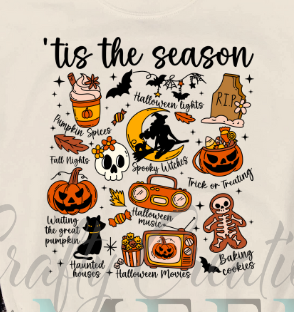 Halloween-themed graphic with various icons and text on a light background