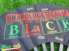 Load image into Gallery viewer, Juneteenth Clack Fan – Folding Hand Fan with Bold Pan-African Colors | Black Culture Pride Accessory for Festivals &amp; Celebrations
