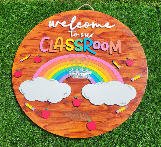 Welcome to Our Classroom Wooden Sign – Colorful Rainbow Teacher Door Sign, Back-to-School Classroom Decor