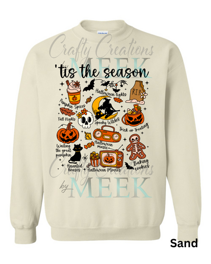 Beige sweatshirt with Halloween-themed graphics and text on a white background